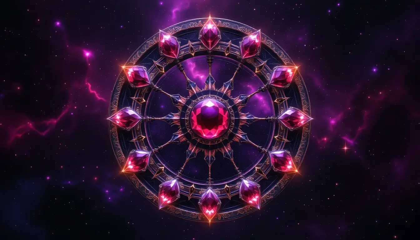 Wheel of twelve glowing gems representing every zodiac sign during Mercury retrograde in Scorpio