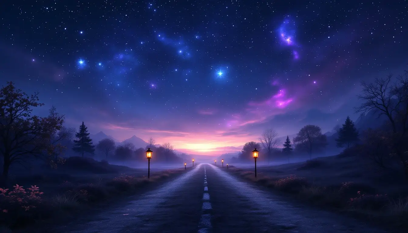 Crossroads at twilight under a starry sky representing questions about Mercury retrograde in Scorpio