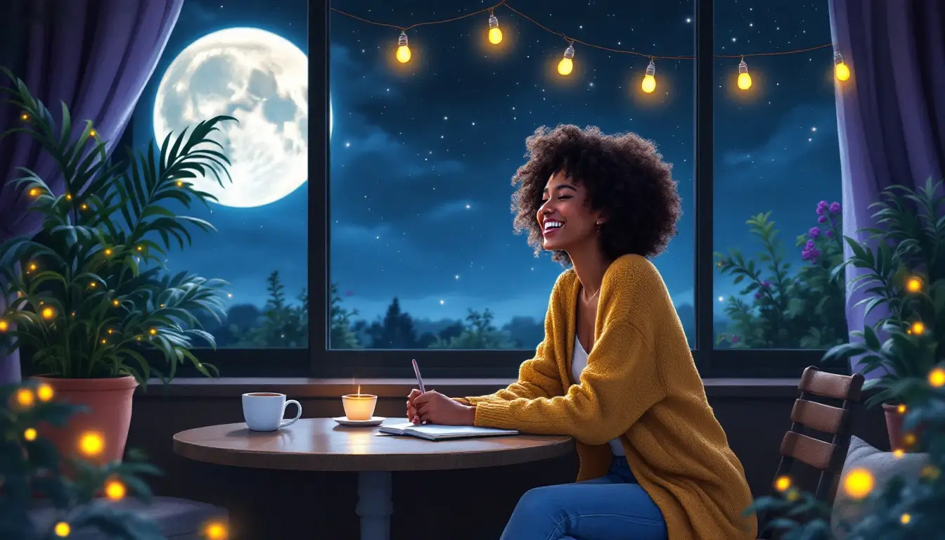 Gemini Moon woman laughing and talking with friends at a moonlit cafe