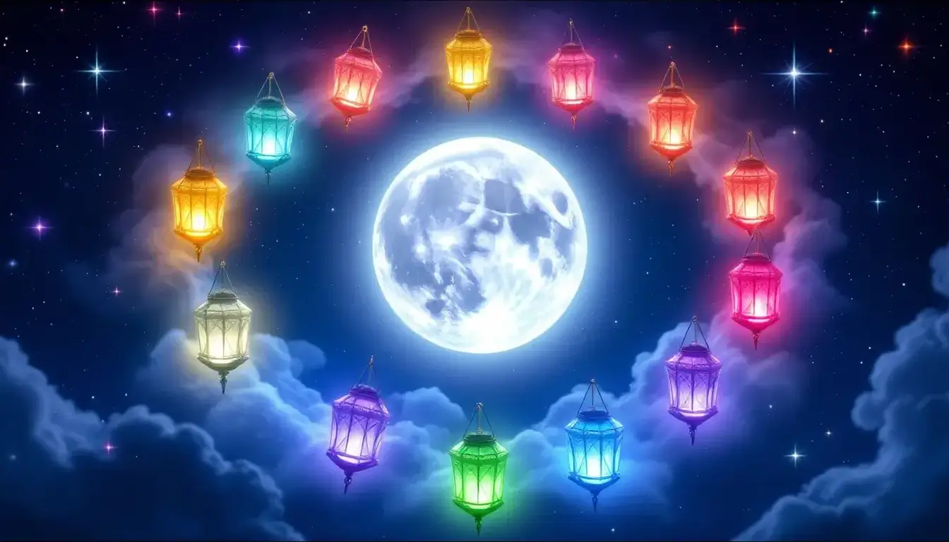 Twelve glowing lanterns around the moon for each Sun sign with a Gemini Moon
