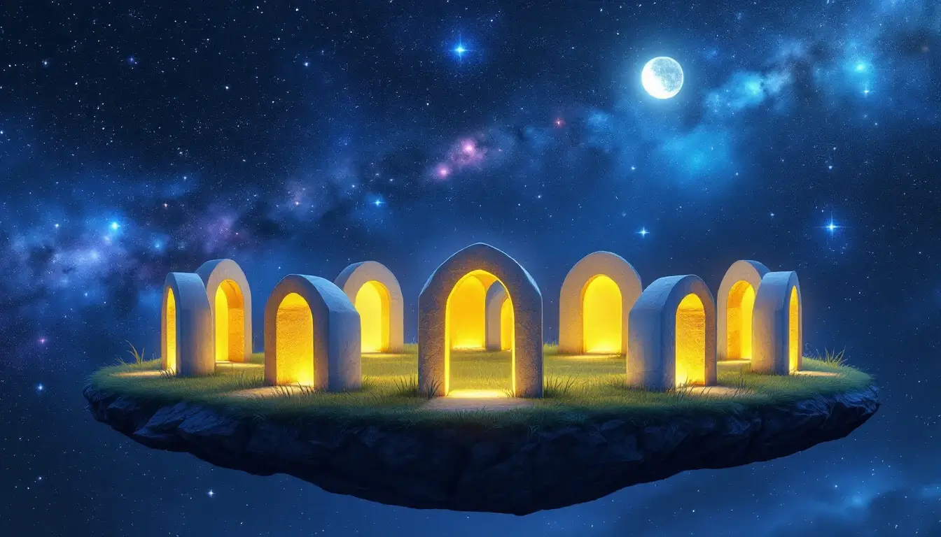 Twelve glowing archways representing the Moon in Gemini through the 12 houses