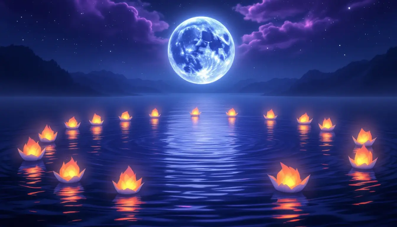 Twelve glowing lanterns circling a silver moon, representing Sun sign and Sagittarius Moon combinations