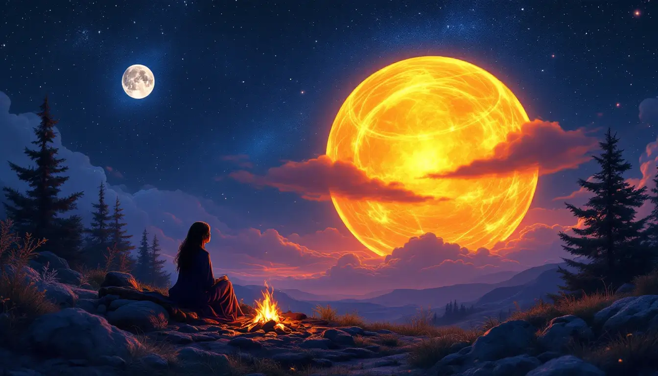 Sagittarius Moon FAQ: a woman by a campfire beneath the moon and a glowing golden Jupiter