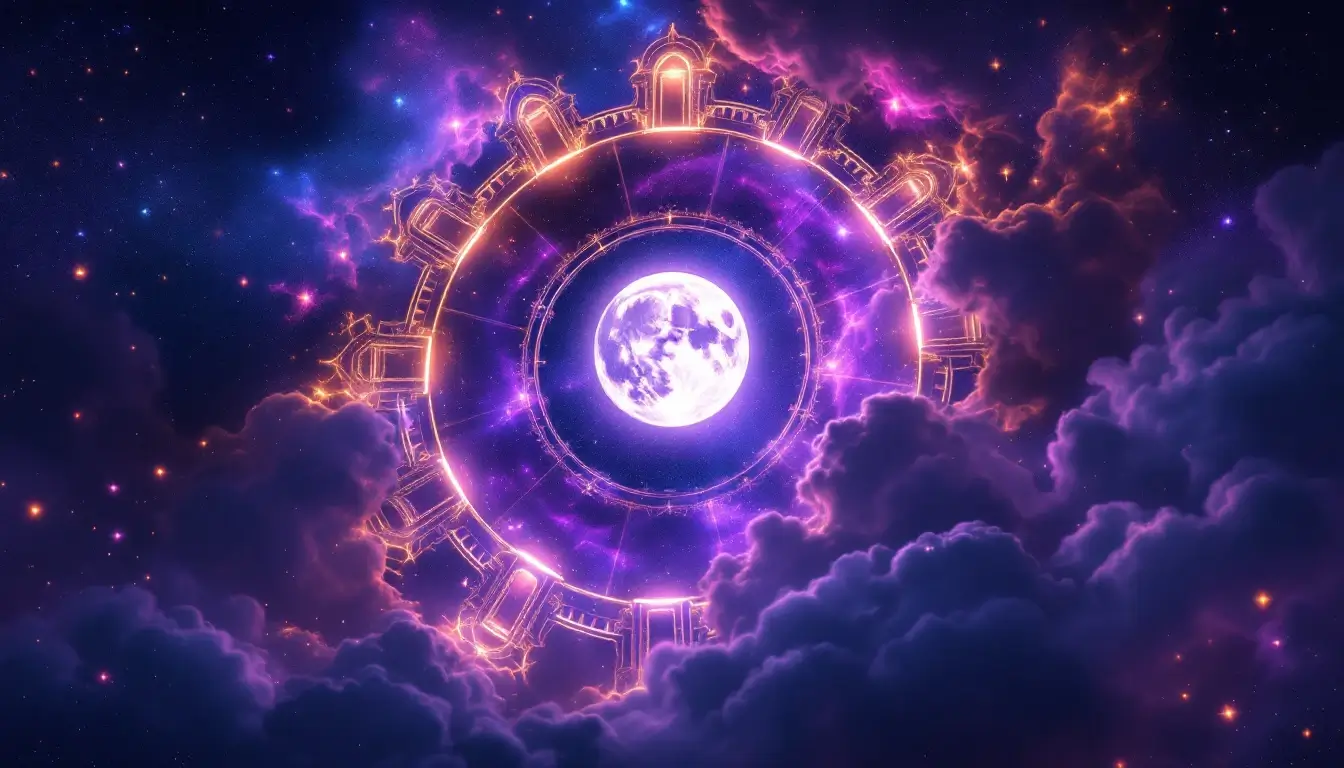 Moon in Sagittarius through the 12 houses: a celestial wheel of twelve glowing doorways