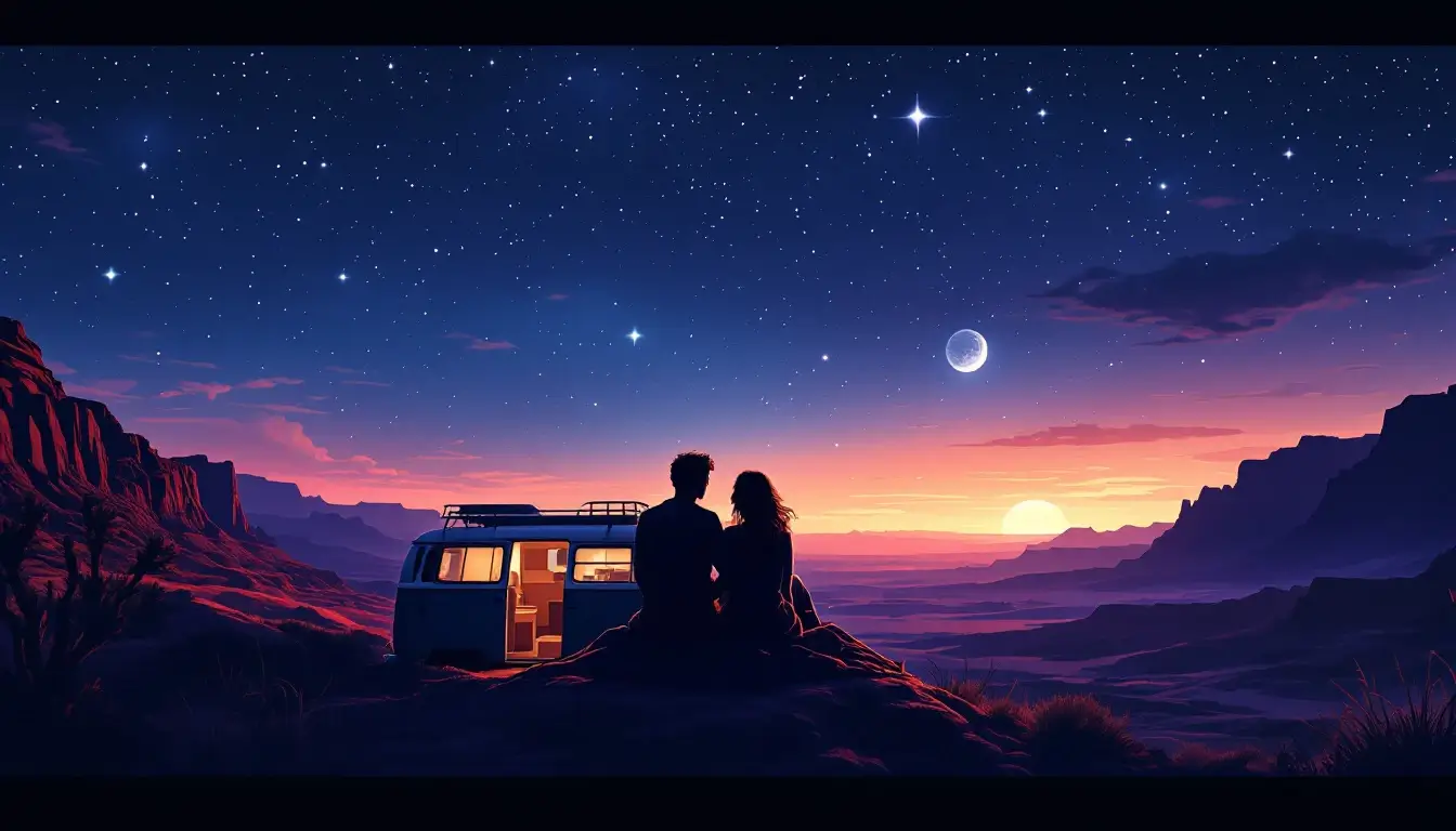 Sagittarius Moon in love: a couple stargazing on a camper van roof