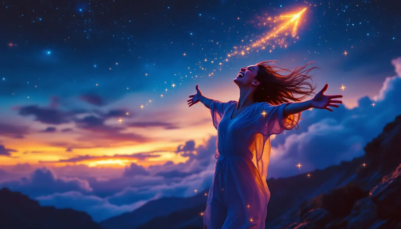 Sagittarius Moon personality: a joyful woman with arms wide open under a starlit sky