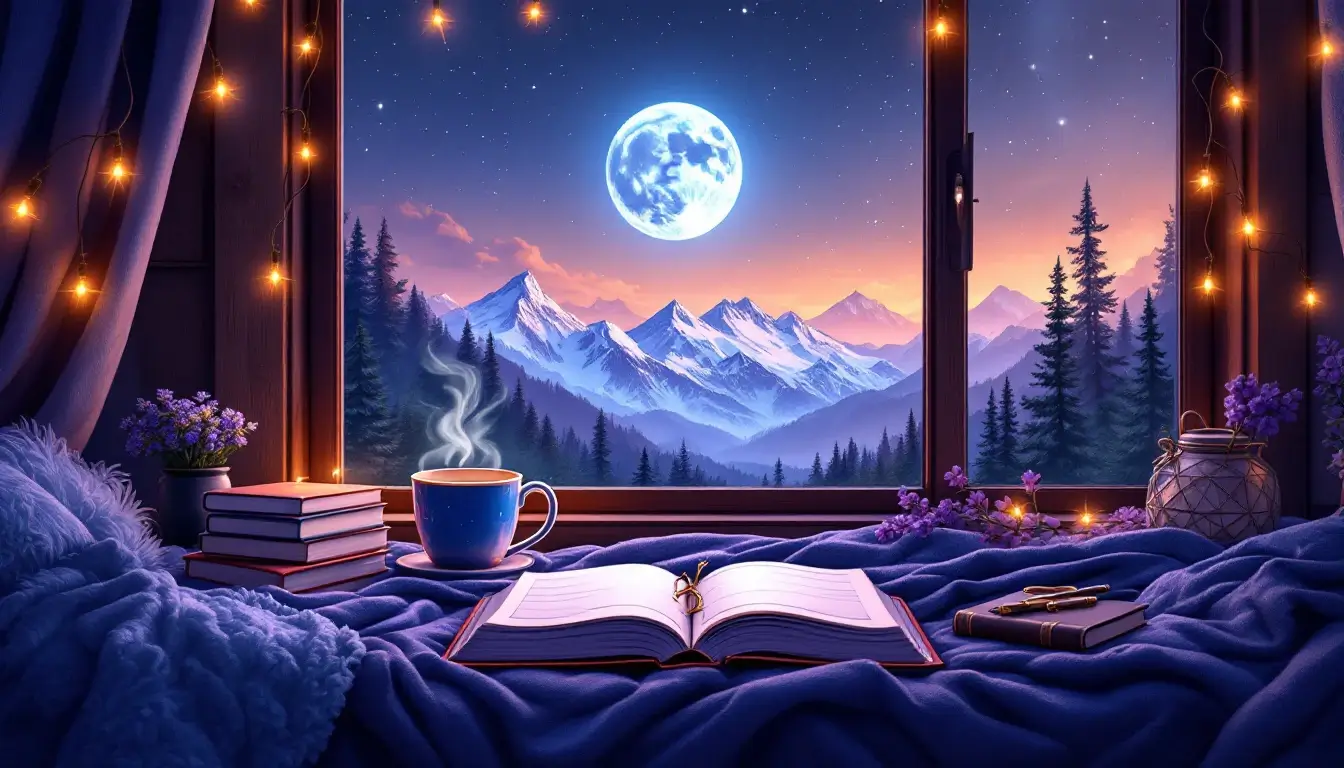 Sagittarius Moon self-care: cozy reading nook with a mug, travel books and a moonlit mountain view