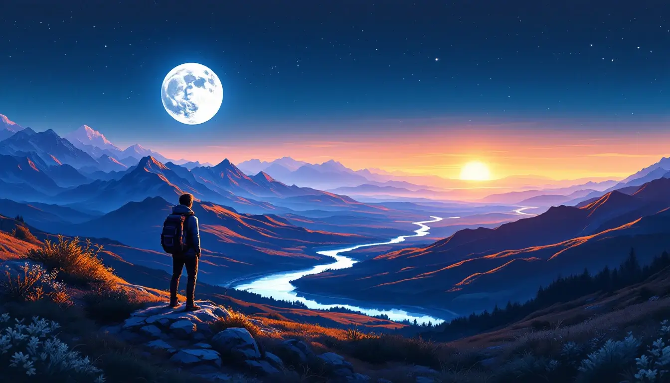 Moon in Sagittarius transit dates: the moon rising over mountains and a winding river