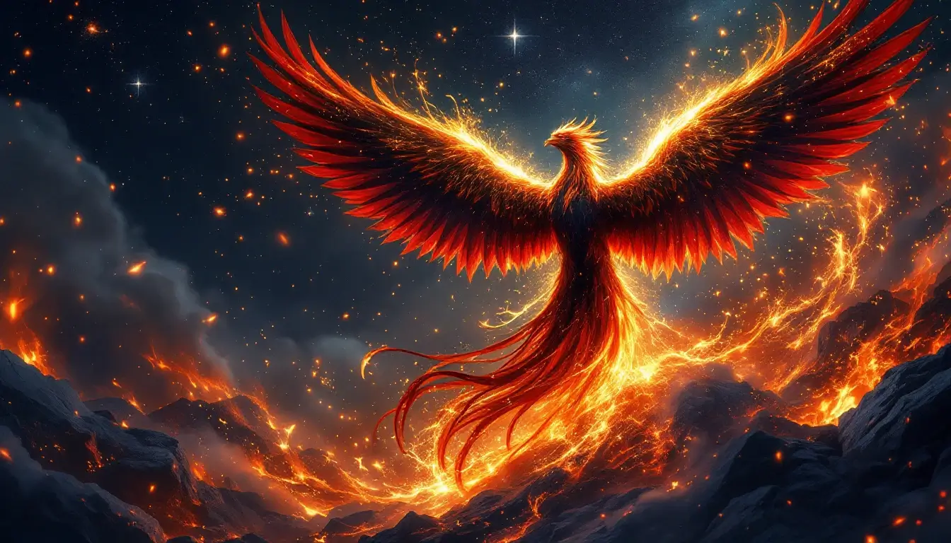 phoenix rising from embers symbolizing the transformative new moon in Scorpio