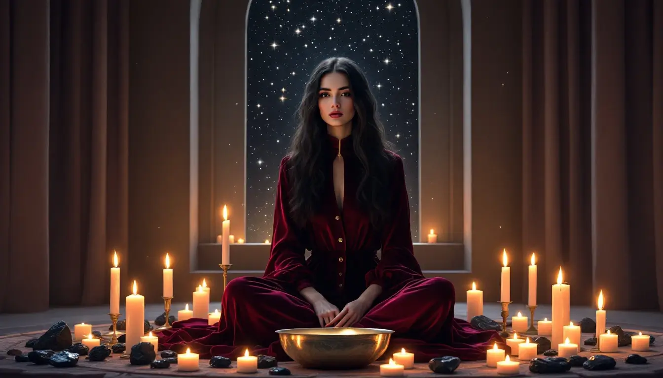 woman performing a new moon in Scorpio candle ritual with obsidian stones and a bowl of water