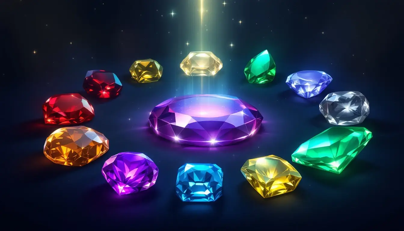 twelve glowing gemstones in a circle representing the new moon in Scorpio for every zodiac sign