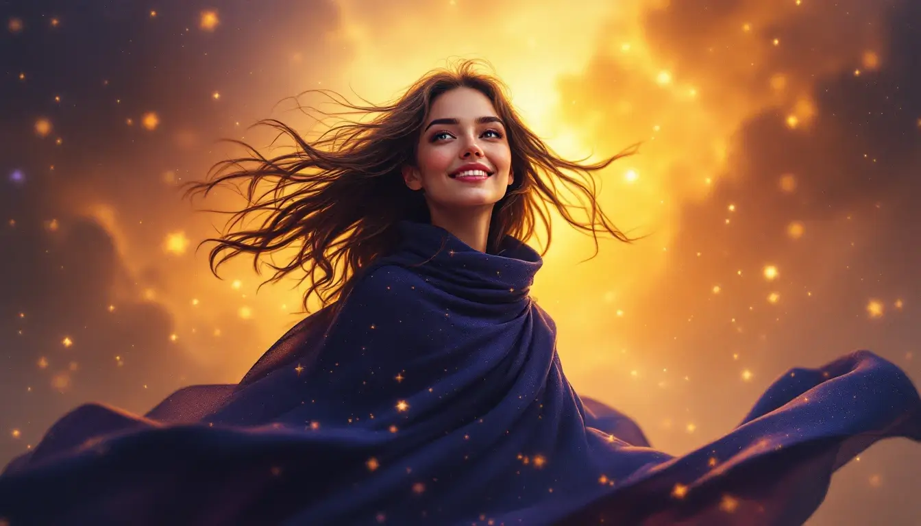 Sagittarius rising appearance: a smiling woman with windswept hair in a starry cloak