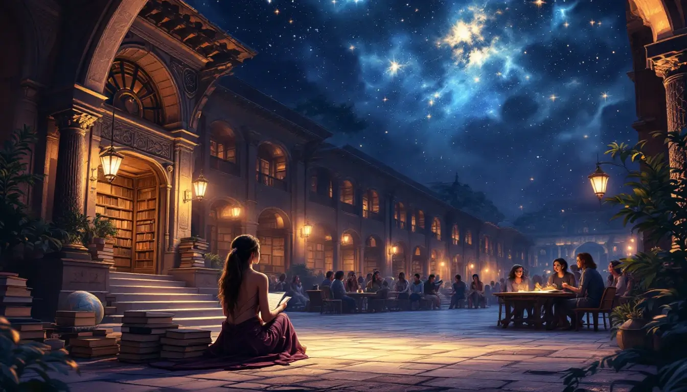 Sagittarius rising career: a woman teaching in an open-air library courtyard at twilight