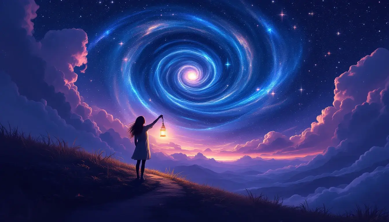 Sagittarius rising FAQ: a woman with a lantern gazing at a spiral galaxy