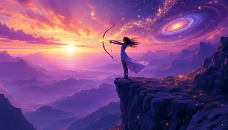 Sagittarius rising sign: an archer woman aiming a starlight arrow at the dawn horizon