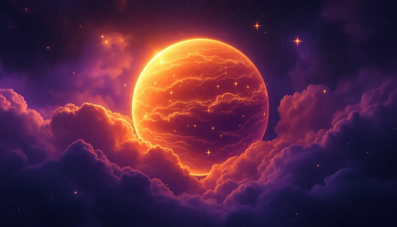 Jupiter, the chart ruler of Sagittarius rising, glowing amber in a violet nebula