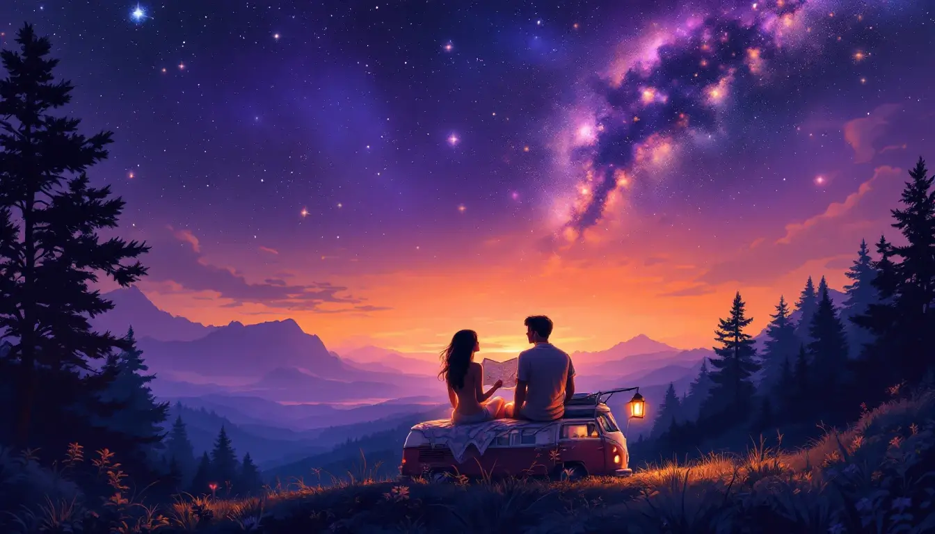 Sagittarius rising in love: a couple talking on a camper van roof under the Milky Way