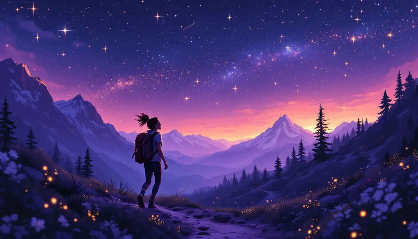 Sagittarius rising personality: an adventurous woman hiking a starlit mountain trail