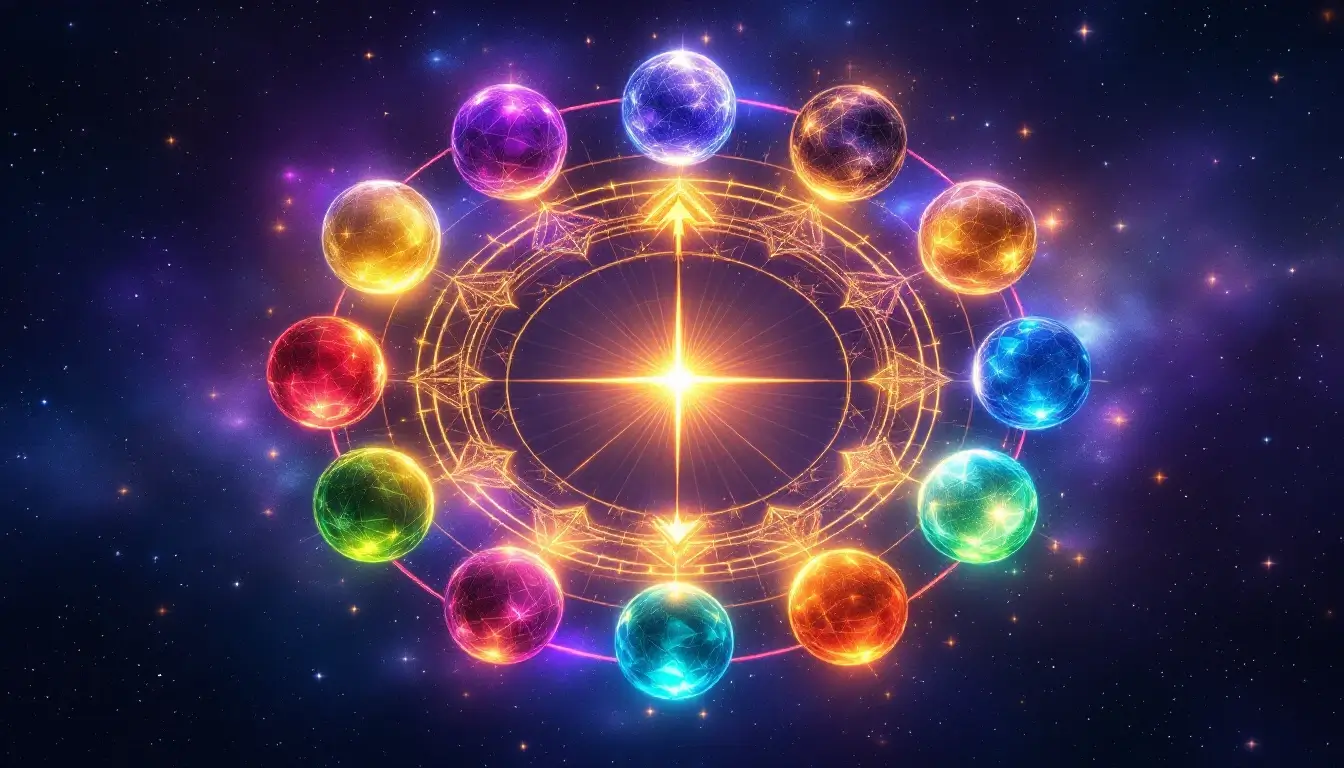 Sagittarius rising with each Sun sign: twelve glowing orbs in a cosmic wheel