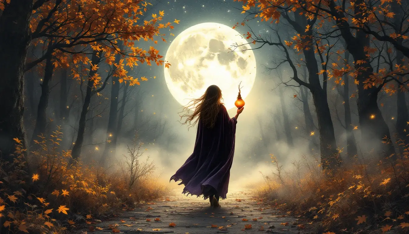 Woman carrying a lantern on Samhain night along a misty autumn path