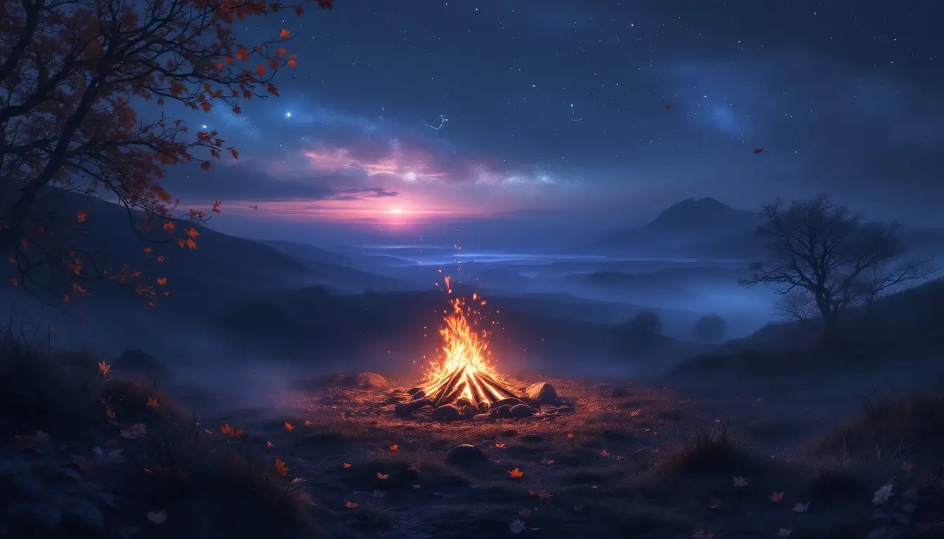 Samhain meaning: a bonfire on a misty hillside under the Scorpio night sky
