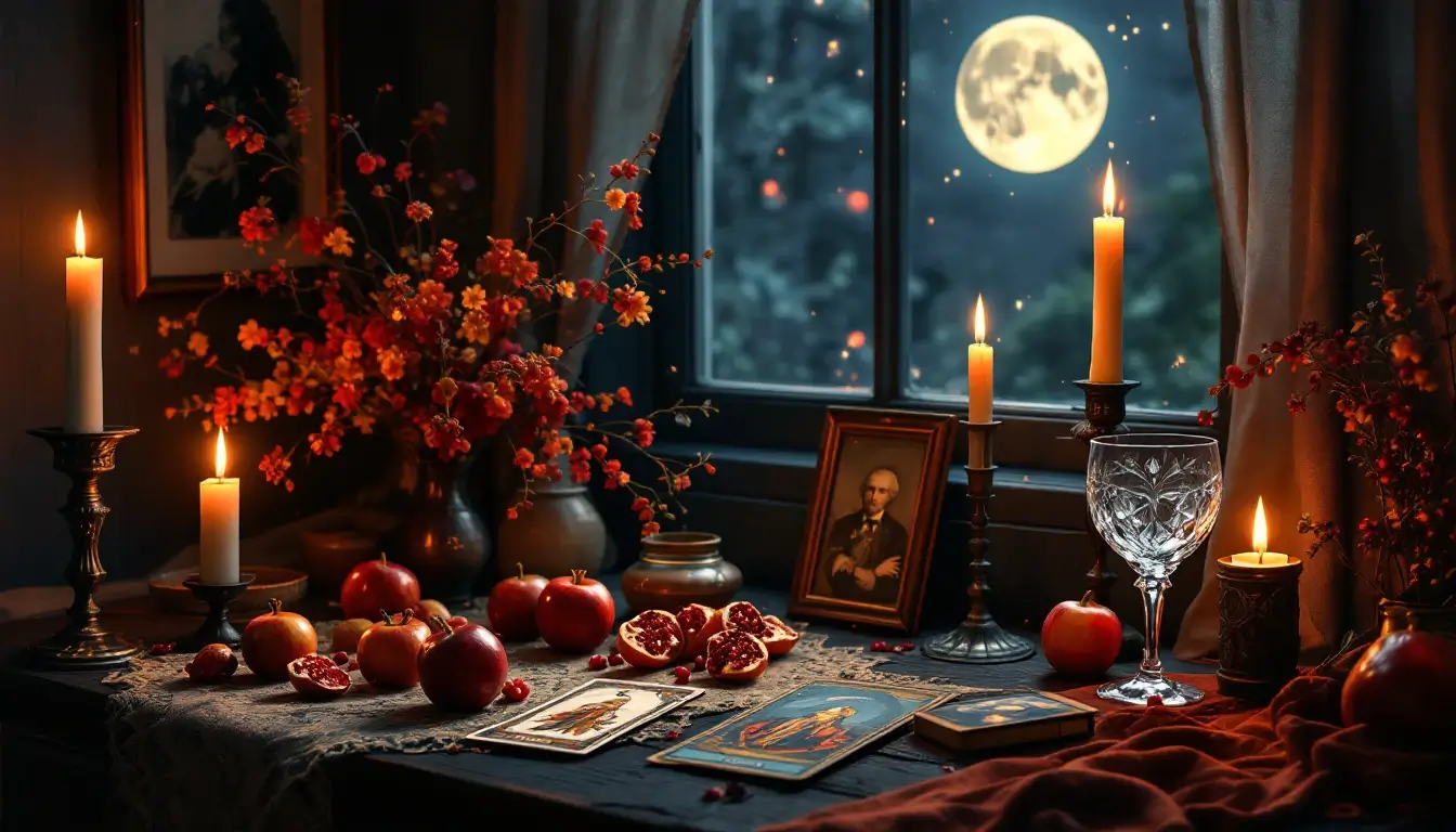 Samhain ancestor altar with candles, apples, pomegranates and tarot cards