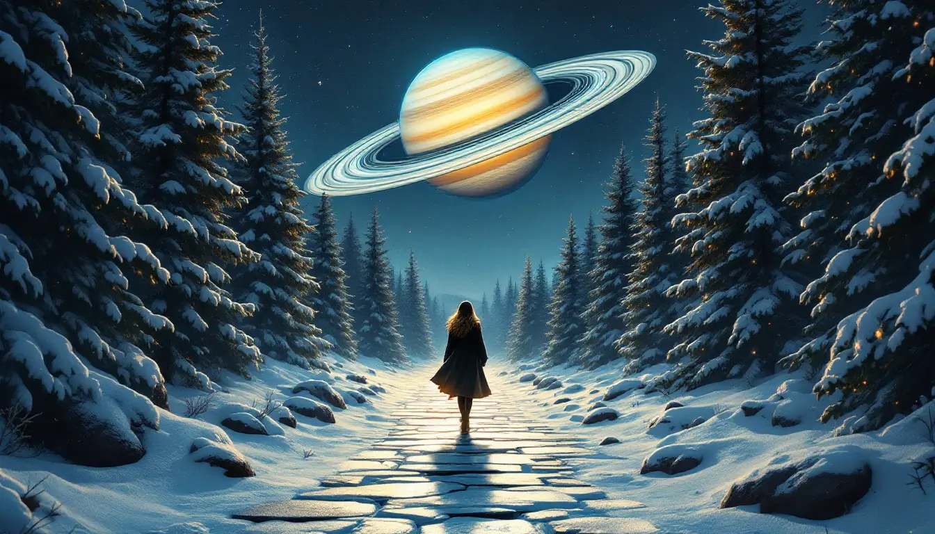 Woman walking forward on a snowy path under Saturn, Saturn direct December 2026
