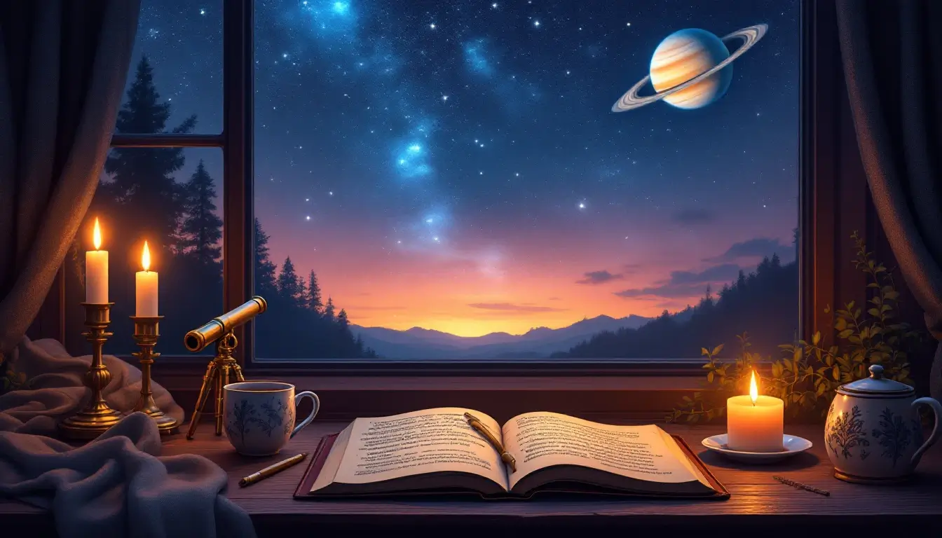 Candlelit journal and telescope with Saturn in the window, Saturn retrograde FAQ