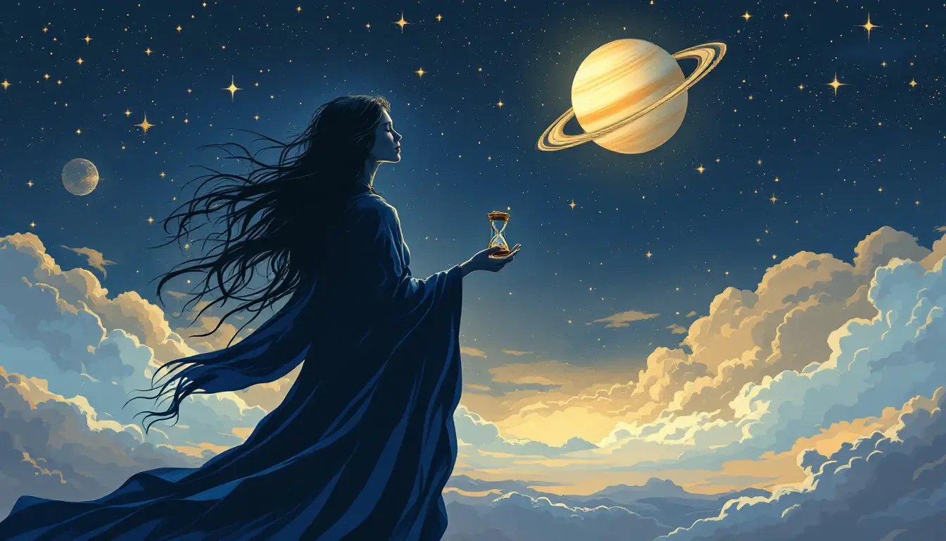 Woman holding an hourglass under Saturn, symbolizing what Saturn retrograde means
