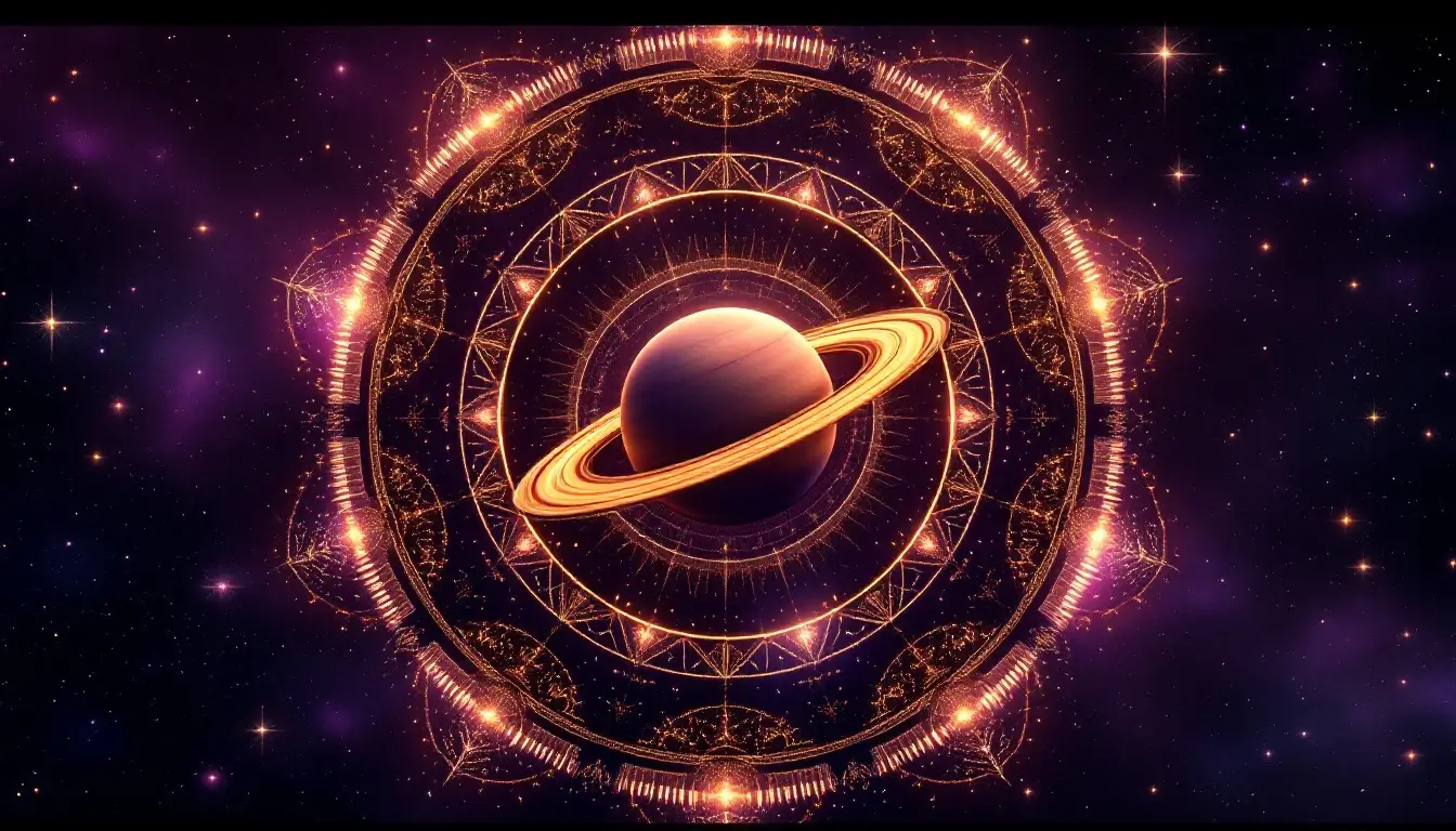 Saturn at the center of a glowing celestial wheel, Saturn retrograde for every zodiac sign