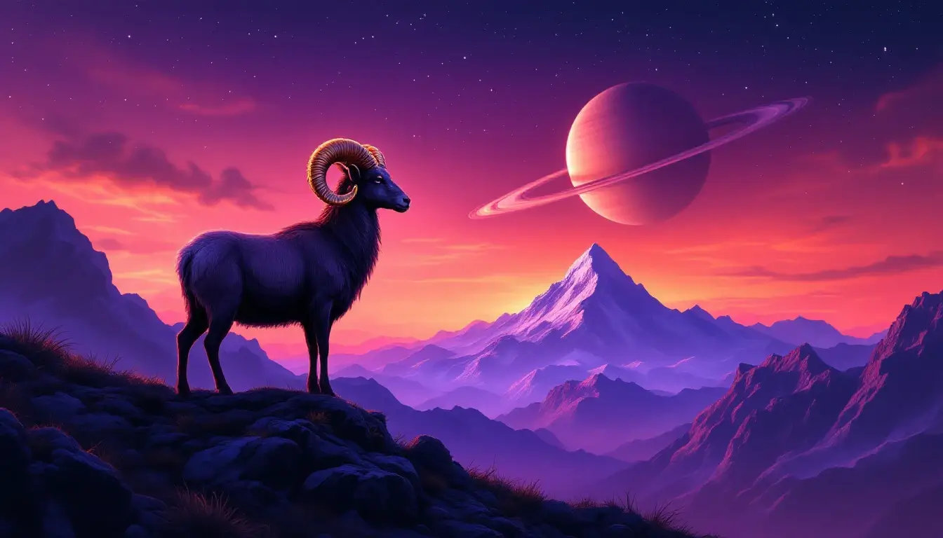 Ram on a mountain ridge with Saturn rising, Saturn retrograde in Aries