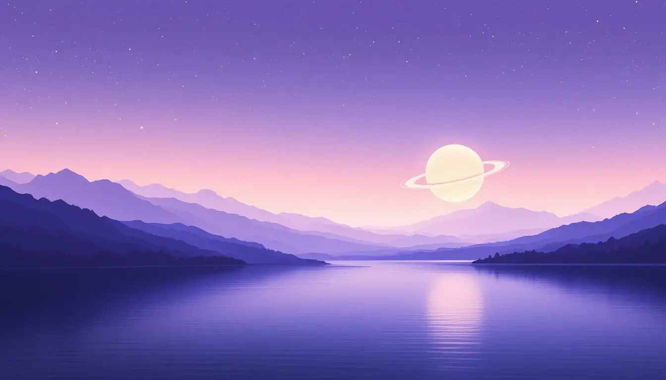 Saturn on the horizon over a twilight lake, the Saturn retrograde shadow period
